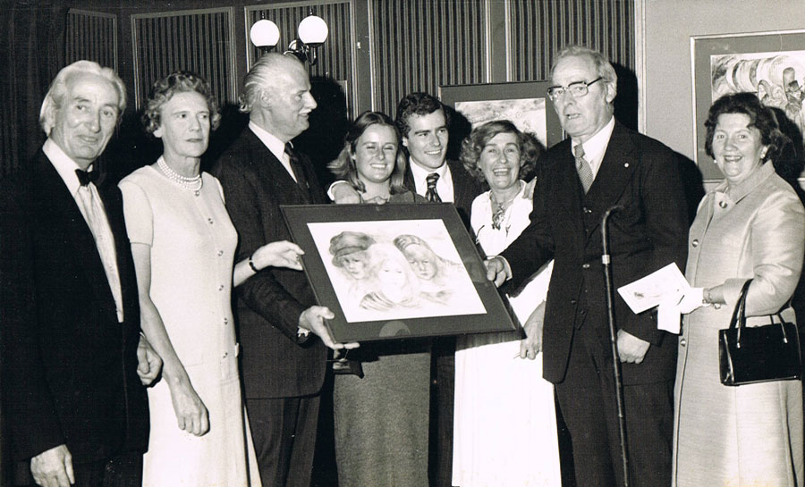 Photograph of Brownie presenting her work at the Dublin Exhibition in 1977